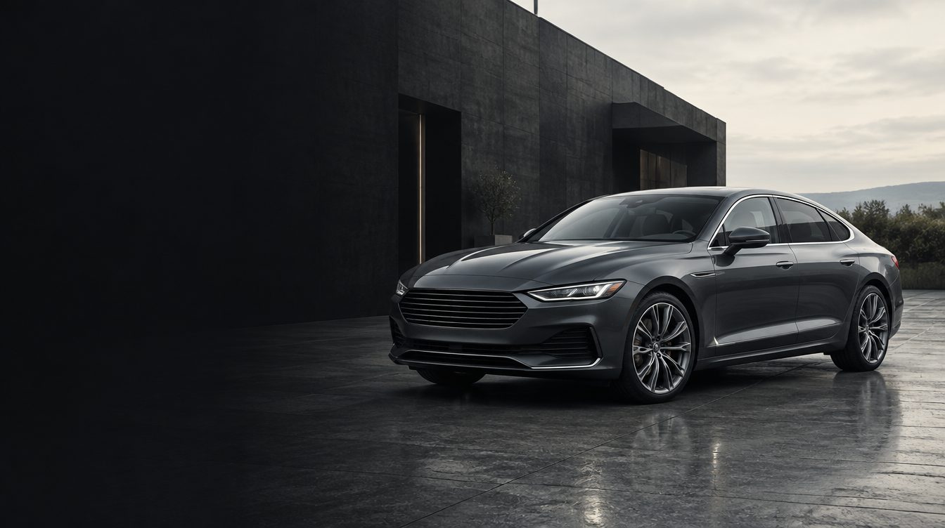 Graphite saloon photographed in an architectural courtyard
